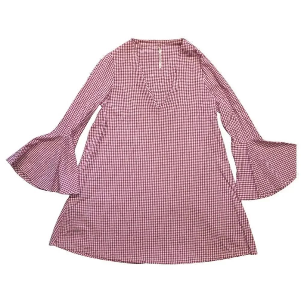 Free People Dress Women's Small Pink Gingham Mini V Neck Bell Sleeve Spring Boho